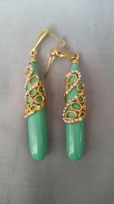 Серьги-обертки бирюзового цвета с золотистыми стразами легкие 2 1/4 дюйма L - Изображение 1 из 4