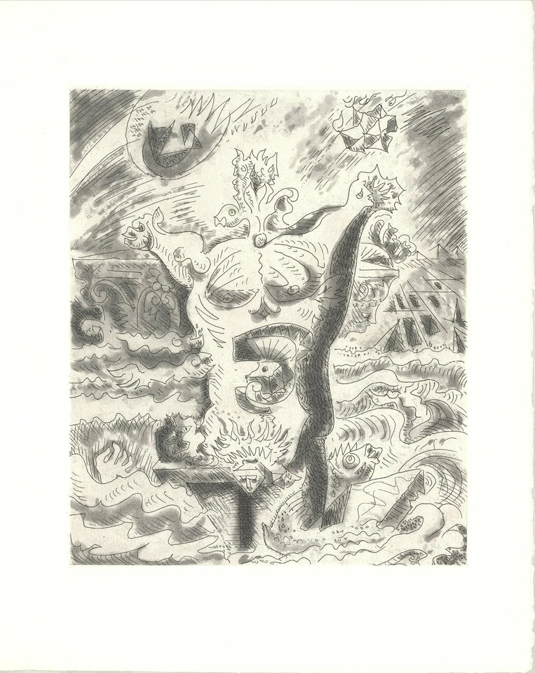 ANDRE MASSON Le Septieme Chant II 14.75" x 11" Etching 1974 Expressionism Brown, - Image 1 of 1