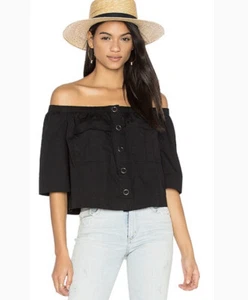 Free People Head Over Heels Off The Shoulder Top Blouse Cropped Black size Small - Picture 1 of 10