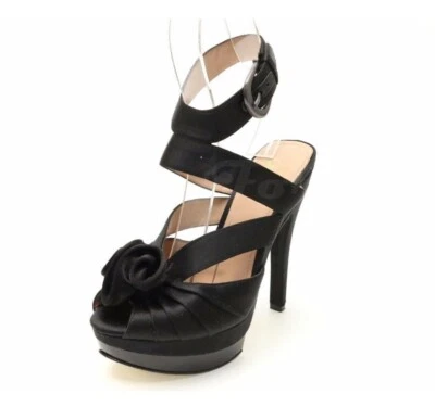 Sandalias JOAN & DAVID negras satinadas plataforma correa al tobillo talla 7,5 Foto 1 de 4