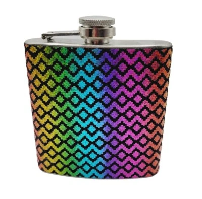 Frasco de cadera de metal patrón de diamante negro colores neón 6 oz acero inoxidable Foto 1 de 4