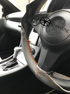 FOR CITROEN C1 05+ GREY PERFORATED LEATHER STEERING WHEEL COVER ORANGE DOUBLE ST - Picture 1 of 6
