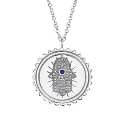 Diamond Hamsa Necklace 14K White Gold Disc Circle Sapphire Eye Natural - Image 1 of 3
