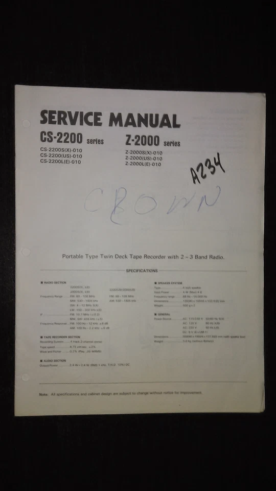 RADIO CASSETTE CROWN CS-2200 Z-2000 MANUAL DE SERVICIO EDICIÓN ORIGINAL DE FÁBRICA Foto 1 de 1