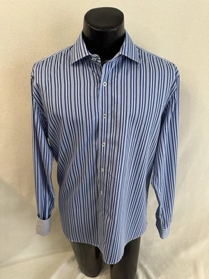 Bugatchi Uomo Shirt Men’s XL Shaped Fit Blue Stripe Long Sleeve Flip Cuff EUC - Image 1 of 4