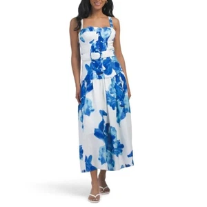 Nicholas Dress Lidia Midi Bustier Linen in Thalia Blue Floral Size 10 New - Picture 1 of 13