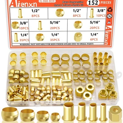152PCS 4 Sizes Brass Compression Fittings Assortment Kit- 1/2", 3/8", 5/16", 1/4 - Image 1 of 4