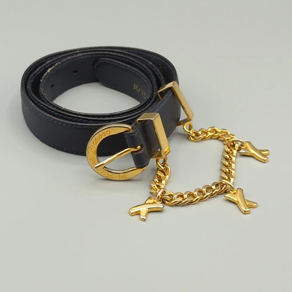 Authentic Paloma Picasso Blue Leather Belt w/Gold Metal Buckle & Chain Size M/75 - Image 1 of 4