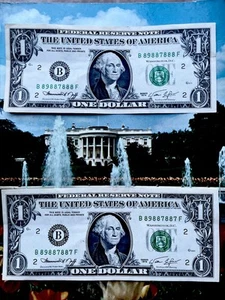 1974 $1 FEDERAL RESERVE “💥FANCY SERIAL #B89887888” - AU lot of 2 consecutive - Picture 1 of 3