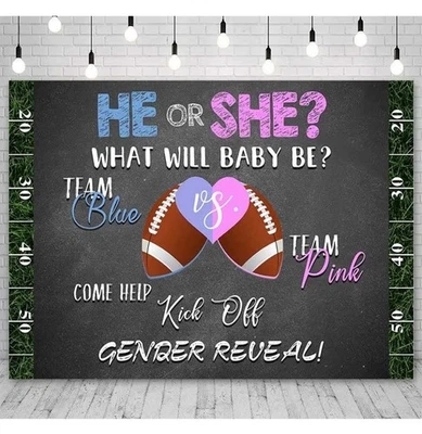 Football Theme Gender Reveal Backdrop, Banners, Stickers, Balloons, Decor (10)  - Image 1 of 4