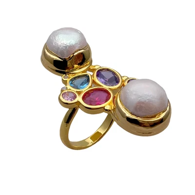 Anillos de dedo ajustables de cristal multicolor de perlas blancas de agua dulce de diseñador Foto 1 de 4