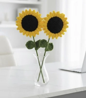 Pacote de 2 crochê malha de girassol feito à mão arranjo de flores decoração amarela presente - Imagem 1 de 4