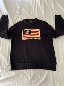 Vintage 90s Polo Jeans Ralph Lauren American Flag Navy Sweater Preppy Medium - Picture 1 of 22