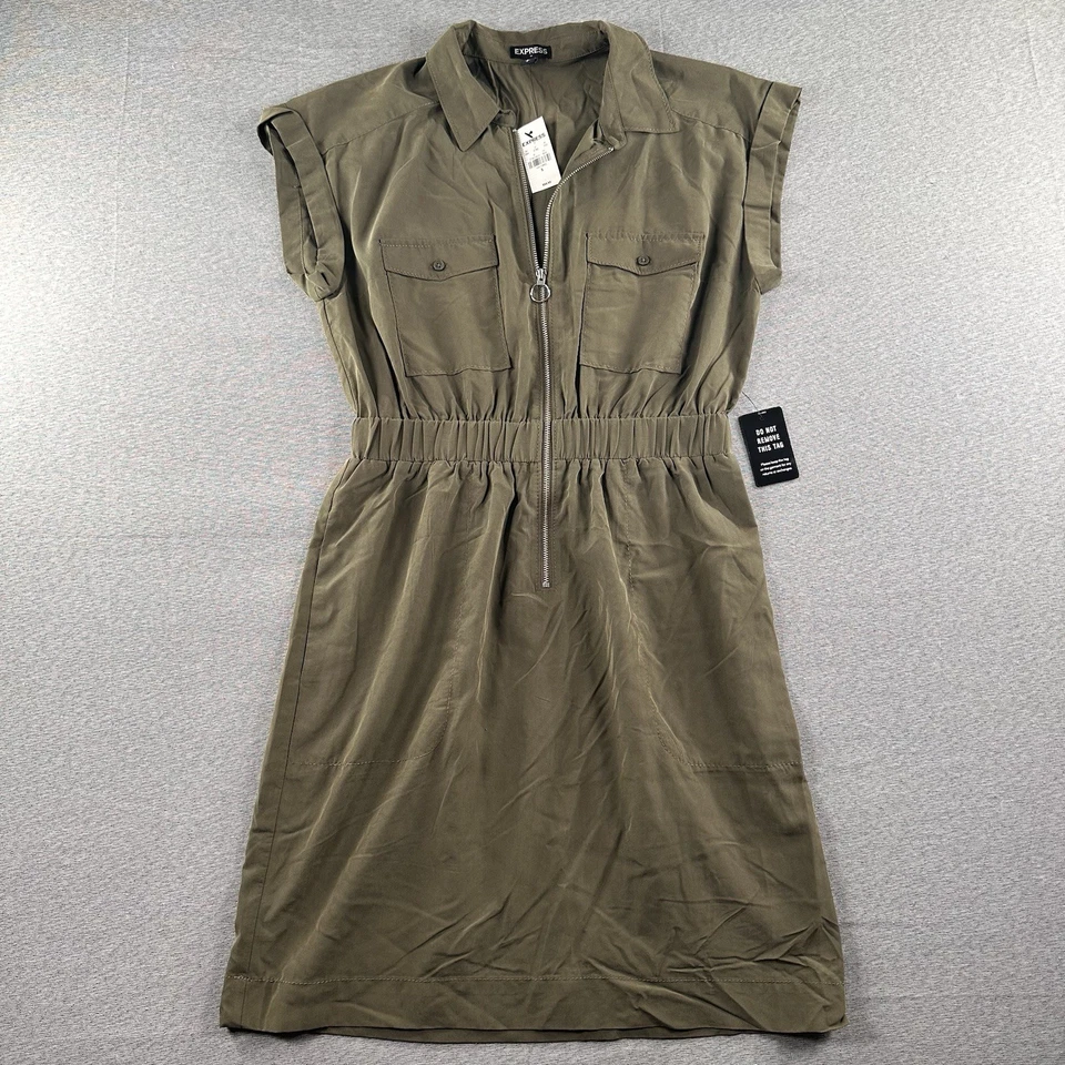 Express Dress 拉链女式小号军队绿色实用短袖迷你新品 — 第 1/4 张图片