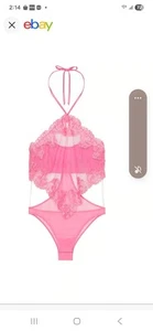 S Victoria Secret Lingerie Boho Teddy Bodysuit 1 Piece Pink Mesh Lace Ha - Picture 1 of 1