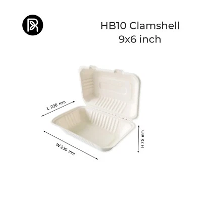 Biodegradable Bagasse Takeaway Food Containers Compostable Clamshell Box 9" x 6" - Image 1 of 4