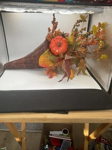 Cornucopia Horn Wicker Basket with Artificial Flowers - Thanksgiving & Fall - Picture 1 of 5