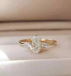 3Ct Pear Cut Lab Created Diamond Women's Three Stone Ring 14K Yellow Gold Plated - Picture 1 of 5