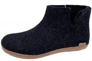 glerups Wollfliz Hausstiefel Dunkelgrau Charcoal Lederlaufsohle Hausschuhe G-02