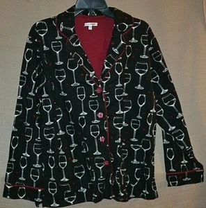 Damen PJ SALVAGE FLANNEL Pyjama Oberteil Weingläser auf Schwarz Größe Small Top Only - Bild 1 von 2