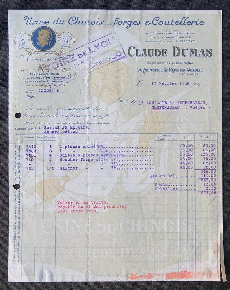 Factura 1928 FÁBRICA CHINA CUCHILLO CUCHILLO China China ilustrado 115 - Imagen 1 de 1