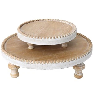 Rustic Set Of 2 Round Wood Tray Riser Farmhouse Pedestal Stand With Beaded Edge - Picture 1 of 7