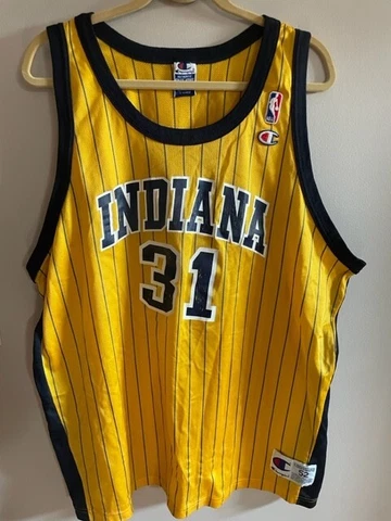RARE Champion Reggie Miller #31 Indiana Pacers Yellow Pinstripe Jersey XXL 52 Cover
