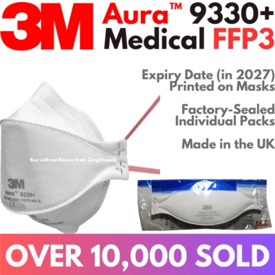 3 x 3M Aura 9330+ FFP3 Respirator N99 Medical Face Mask Unvalved - EXPIRY 2027