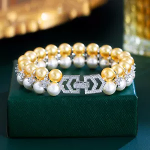 Luxus doppelschichtig breit goldfarbene Perlenarmbänder Armreif CZ Frauen Hochzeit - Bild 1 von 24