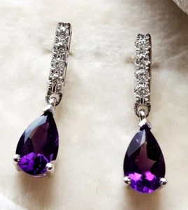 0.32ct Natural Round Diamond 14k BIS Hallmarked White Gold Amethyst  Earrings - Picture 1 of 5