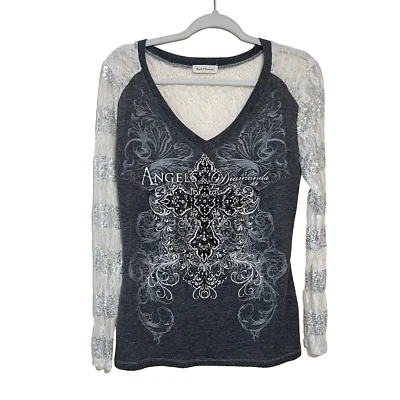 Angels & Diamonds - Camiseta para mujer Cruz celta lentejuelas encaje espalda manga larga L Foto 1 de 4