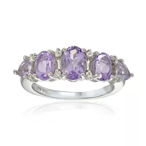 Sterling Silver Amethyst and White Topaz 5-Stone Half Eternity Band Ring, Size 9 - Picture 1 of 3