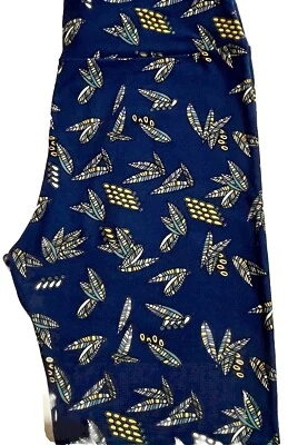 LuLaRoe Tall & Curvy 12-18 Leggings Navy Teal Yellow Ivory Feathers Geometric - Image 1 of 2