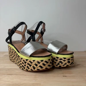 Robert Clergerie Woven Platform Sandals Size 38 US 7.5 Designer Silver Raffia - Picture 1 of 8