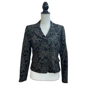 Evan-Picone Womens Black Cropped Blazer 8P Floral Notch Lapel Long Sleeve Fitted - Picture 1 of 6