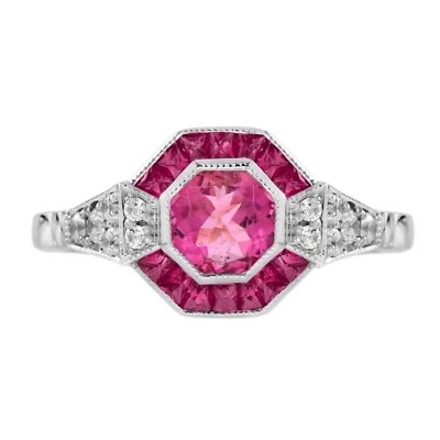 Anillo de compromiso de diamantes rubí turmalina rosa en oro blanco de 18 quilates Foto 1 de 4