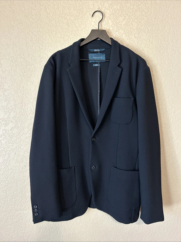Perry Ellis Jacket Men XXL 46R Blue Waffle Knit Slim Stretch Unstructured Blazer - Image 1 of 4