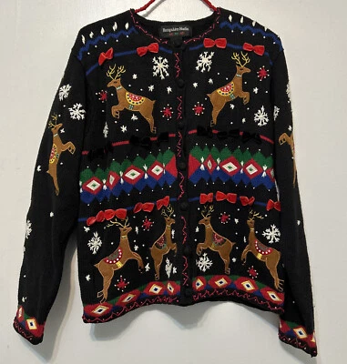 Hampshire Studio Ugly Christmas cardigan Sweater Women's Large black - Image 1 of 4