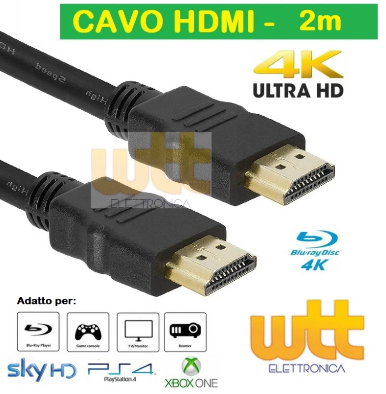 Cavo HDMI 2m 4k 1080p Spina-spina 19 poli 1.4 High Speed with Ethernet
