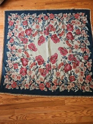 Vintage Red And Cream Table Cloth, Bed, Sofa Fringed Throw Blanket 59x59 - Image 1 of 4