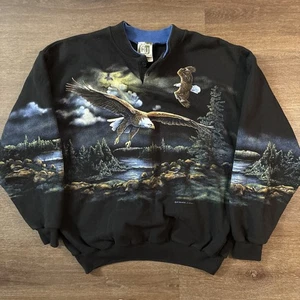 Vintage Art Unlimited Bald Eagles Nature Green AOP Henley Sweatshirt Size Large - Picture 1 of 8