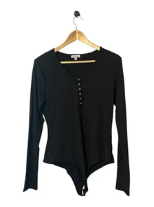 NEW! Boutique Black Ribbed Long Sleeve Bodysuit Henley Snap Front MEDIUM 6 8 - Picture 1 of 5
