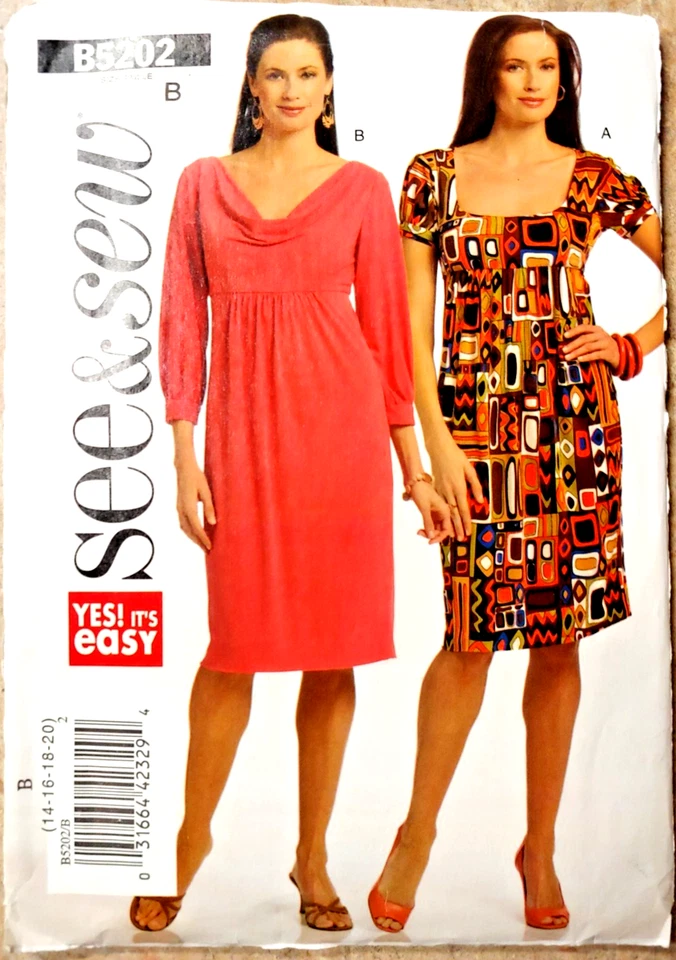 See & Sew by Butterick B5202 Pullover Empire Waist Cowl Neck Dress Size: 14-20 - Image 1 of 4