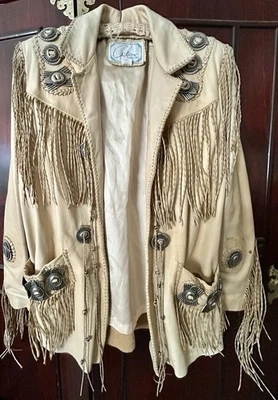 VTG 1980s Arturo Burray Olson Tan Leather Twisted Fringe Jacket w Conchos Sz 12 - Image 1 of 4