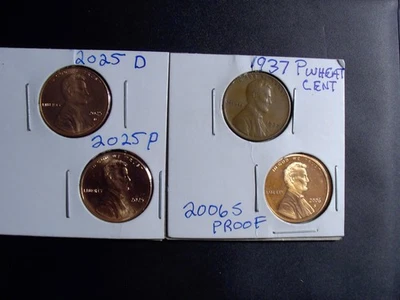 2025 P & D LINCOLN CENT BU + 1 2006 S PROOF + 1 - 1  1937 P WHEAT  4 COINS - Image 1 of 4