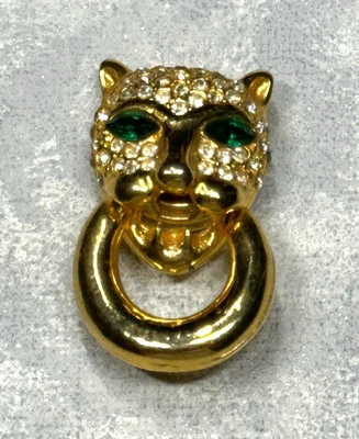 Top Button Cover Gold Tone Panther Green Rhinestone Eyes Articulating Ring - Image 1 of 4