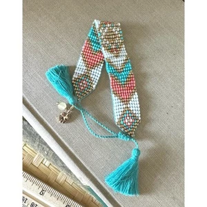 Lucky Brand Woven Beaded Bracelet Geometric Pattern in Turquoise, Coral, Gold - Picture 1 of 2