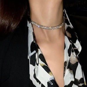 10k White Gold Plated Choker Necklace made w Swarovski Crystal Baguette Stone - Picture 1 of 11