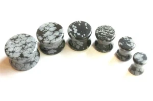 Snowflake Obsidian Black Grey Natural Stone Earring Tunnel Earplug Flared Saddle - Picture 1 of 7