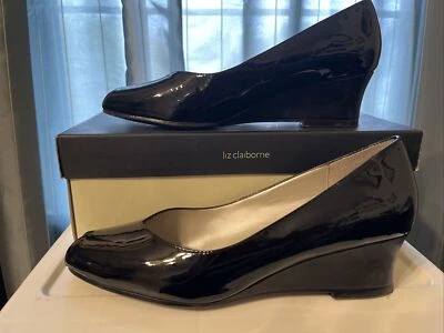 Liz Claiborne Women's Maryann Black Leather Wedge Heels Peep Toe 7.5 M - Image 1 of 4